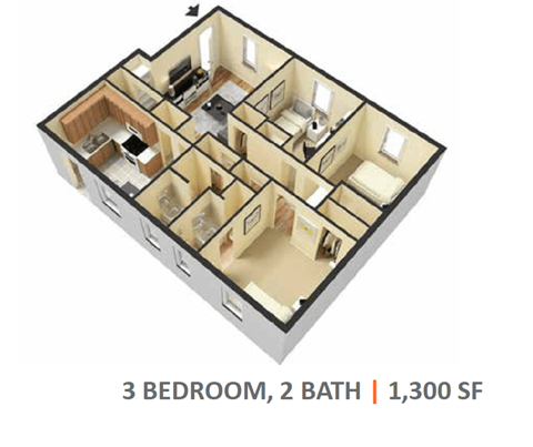 Floor plan for 3 beds, 2 baths, 1300 sqft
